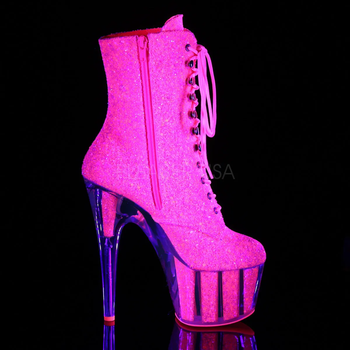 Adore 1020G Neon Pink Glitter Ankle Boot 7" Platform Heel