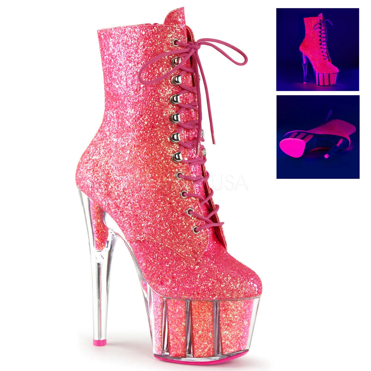 Adore 1020G Neon Pink Glitter Ankle Boot 7" Platform Heel