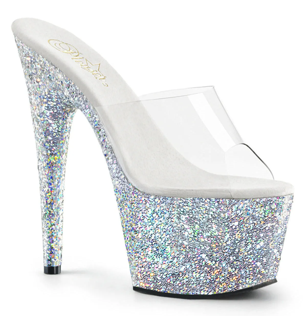 Adore 701LG Silver Hologram Glitter Platform 7" Heels Slip On Sandals- Direct