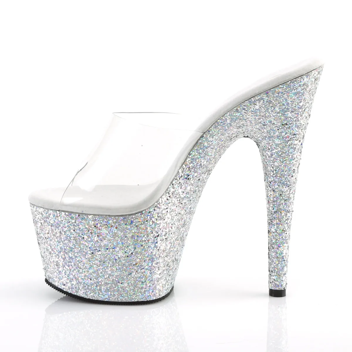 Adore 701LG Silver Hologram Glitter Platform 7" Heels Slip On Sandals- Direct