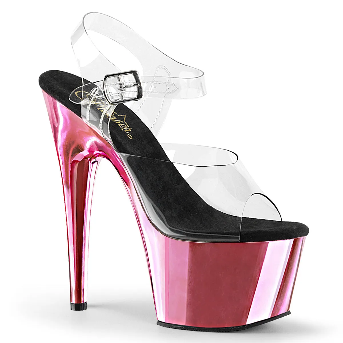 Adore 708 Clear Upper Ankle Strap 7" Heel Pink Chrome Platform Shoes -Direct