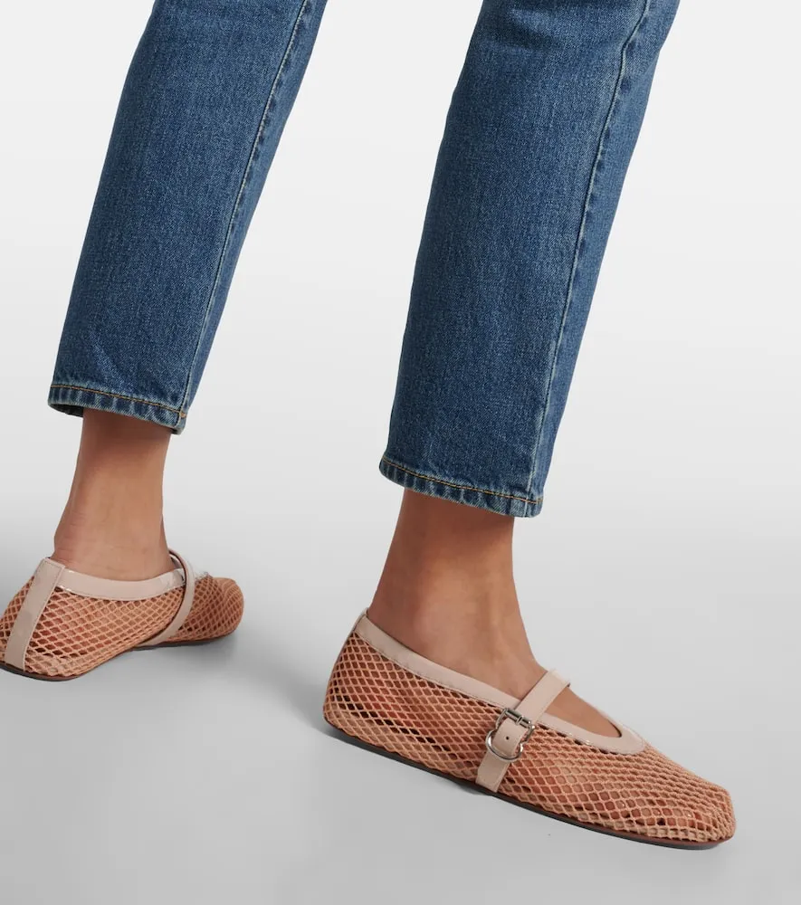Alaia Leather-trimmed fishnet ballet flats