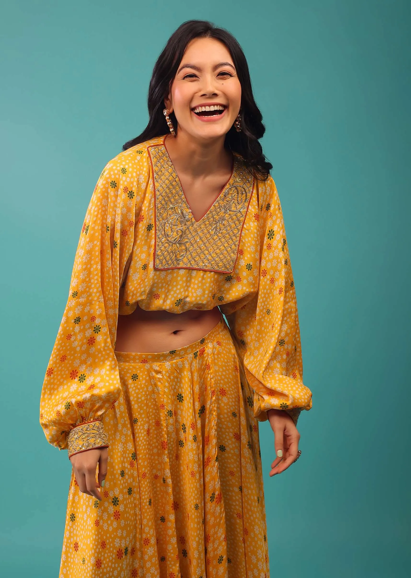 Artisan's Yellow Crop Top And Skirt With Floral Prints