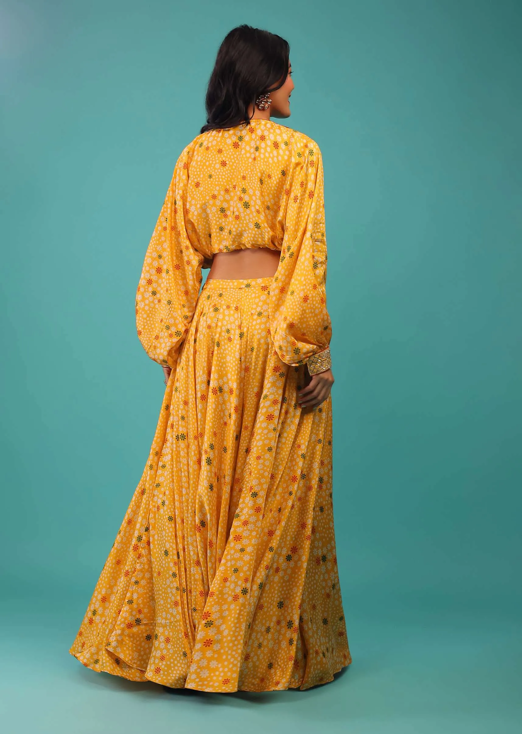Artisan's Yellow Crop Top And Skirt With Floral Prints