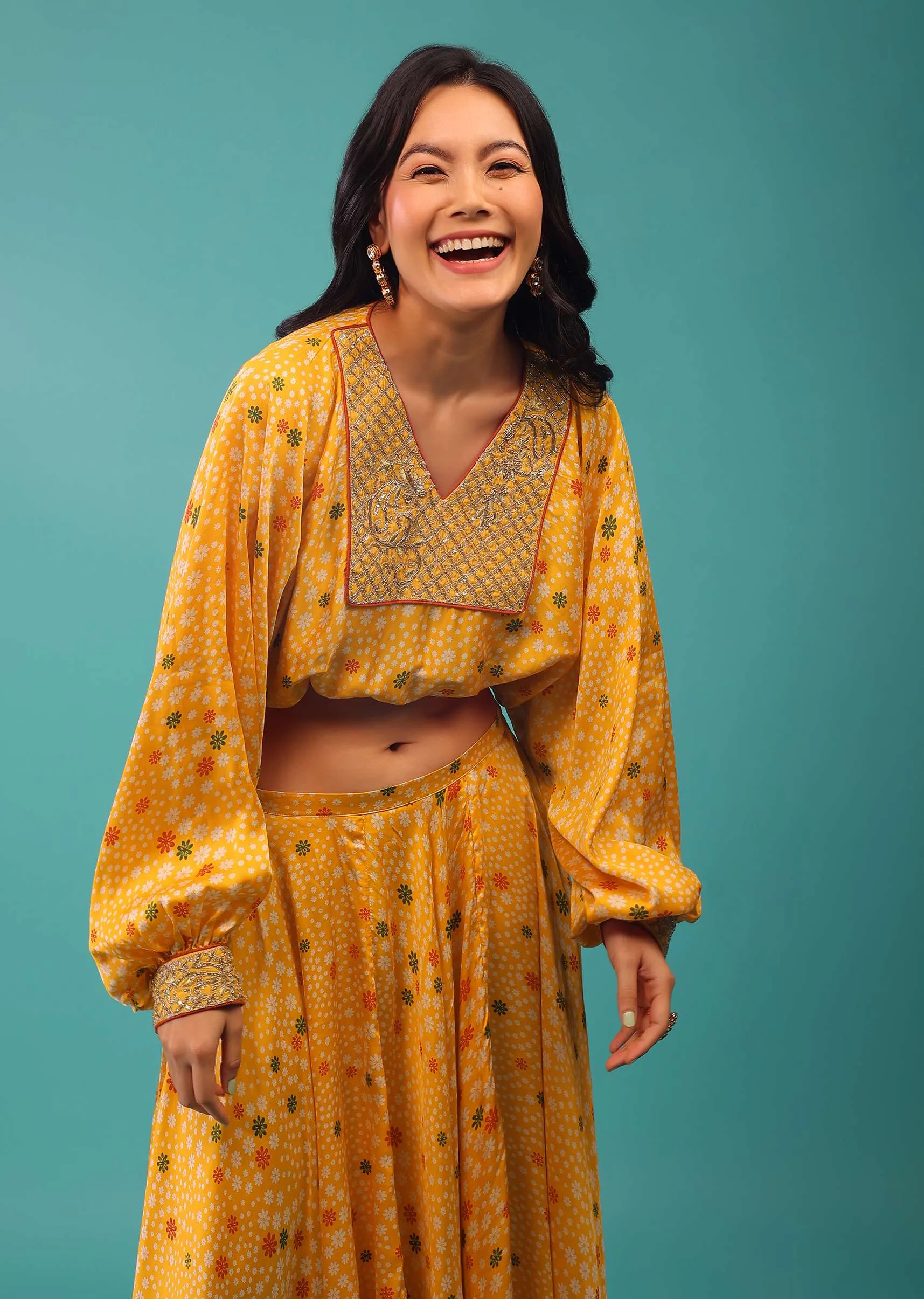 Artisan's Yellow Crop Top And Skirt With Floral Prints
