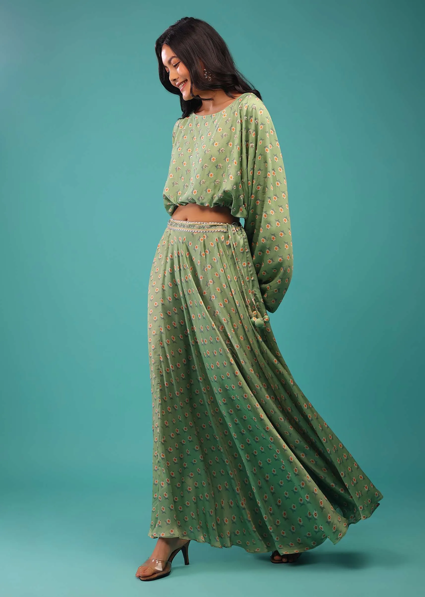 Aspen Green Crop Top With Skirt In Satin Silk