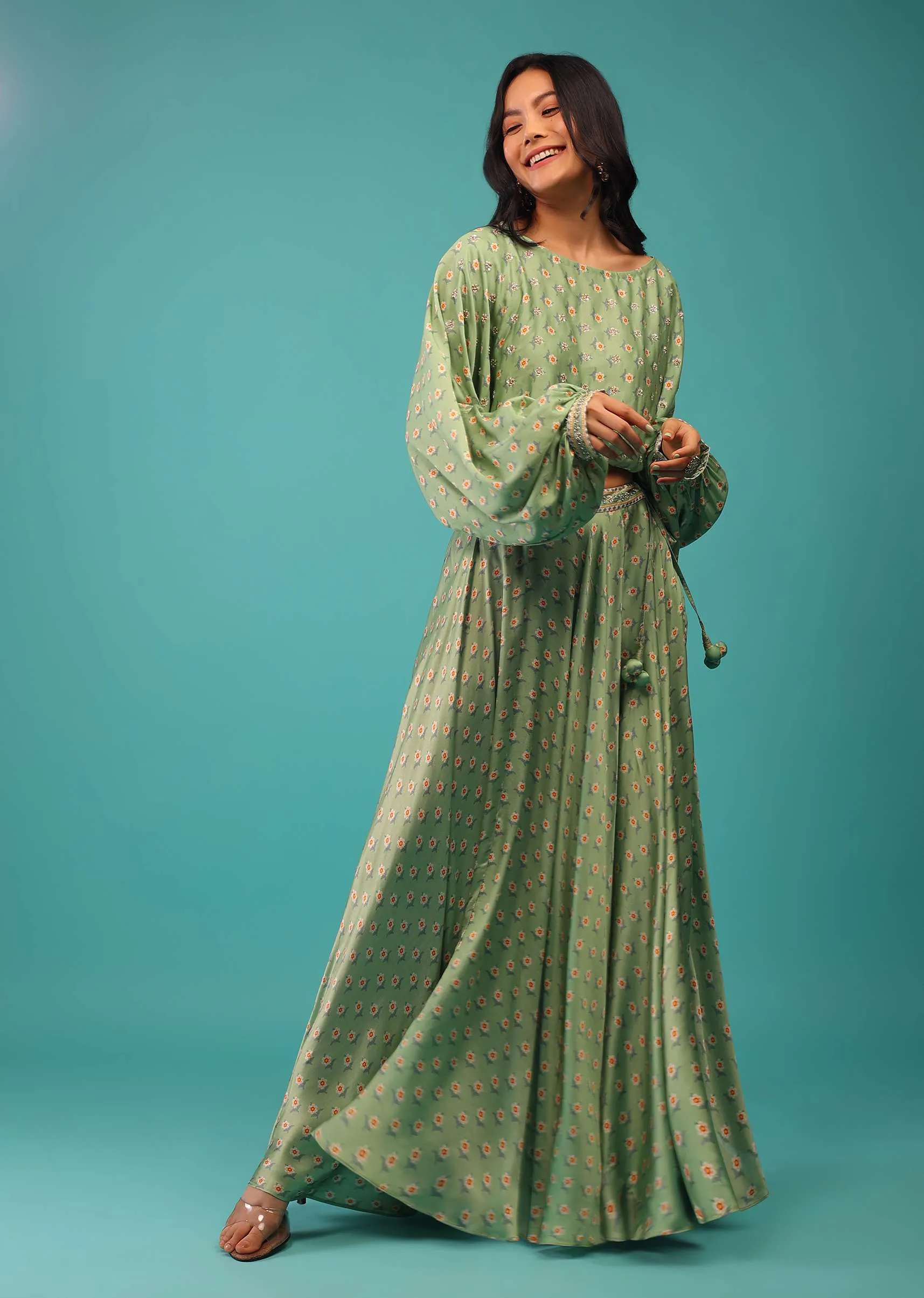 Aspen Green Crop Top With Skirt In Satin Silk