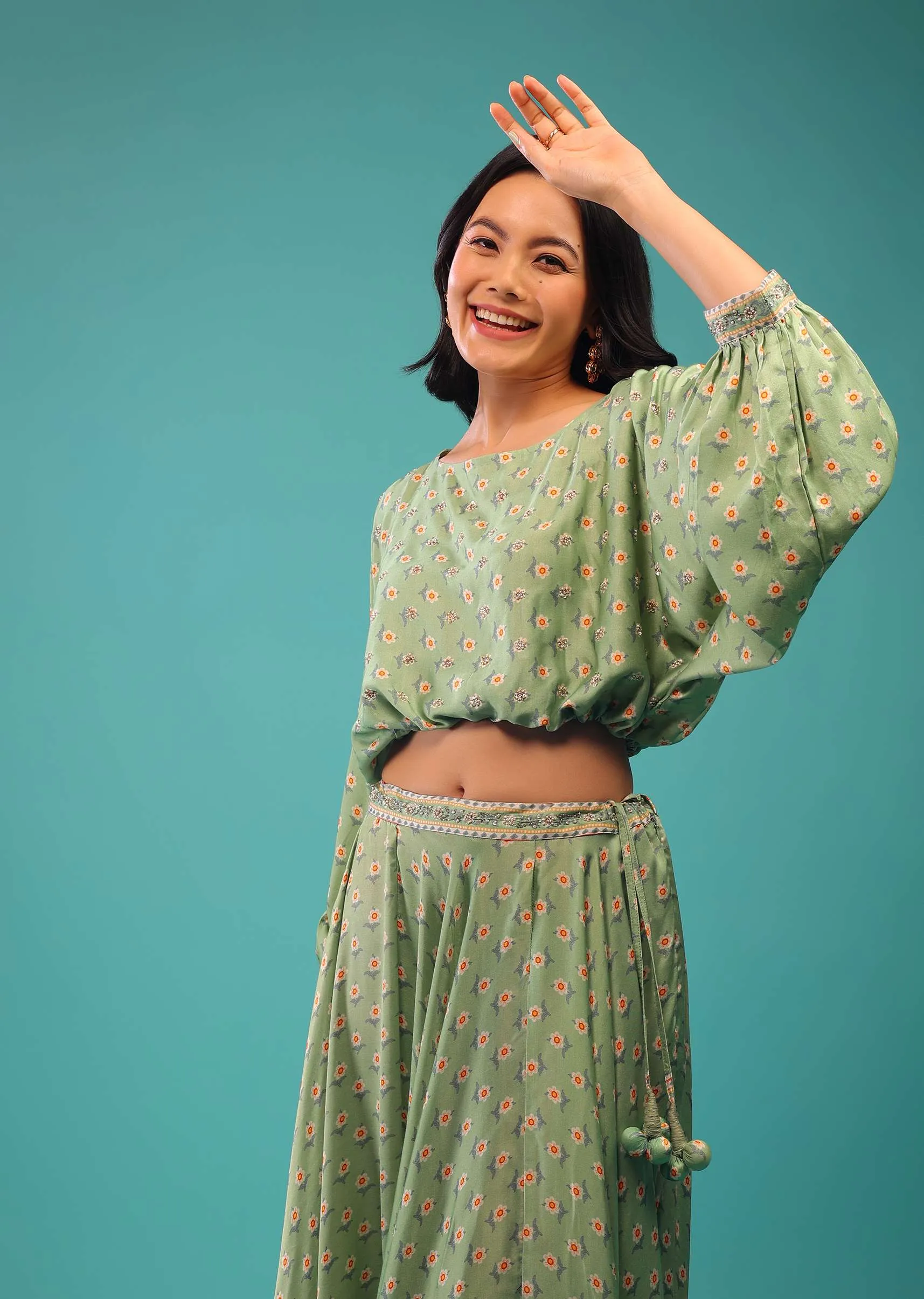 Aspen Green Crop Top With Skirt In Satin Silk