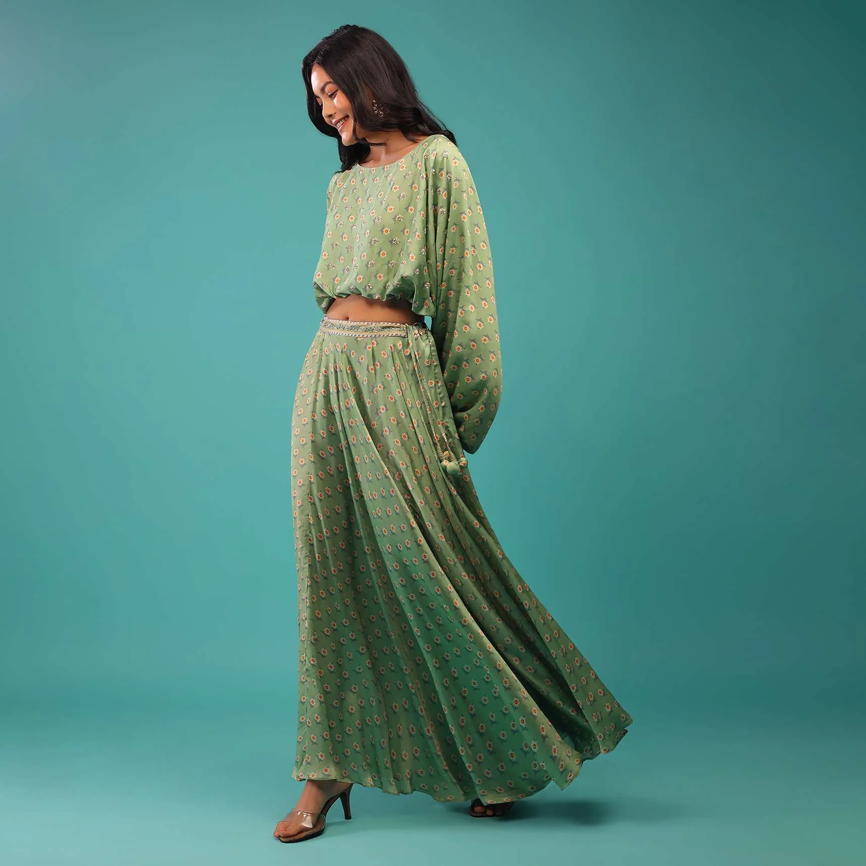 Aspen Green Crop Top With Skirt In Satin Silk