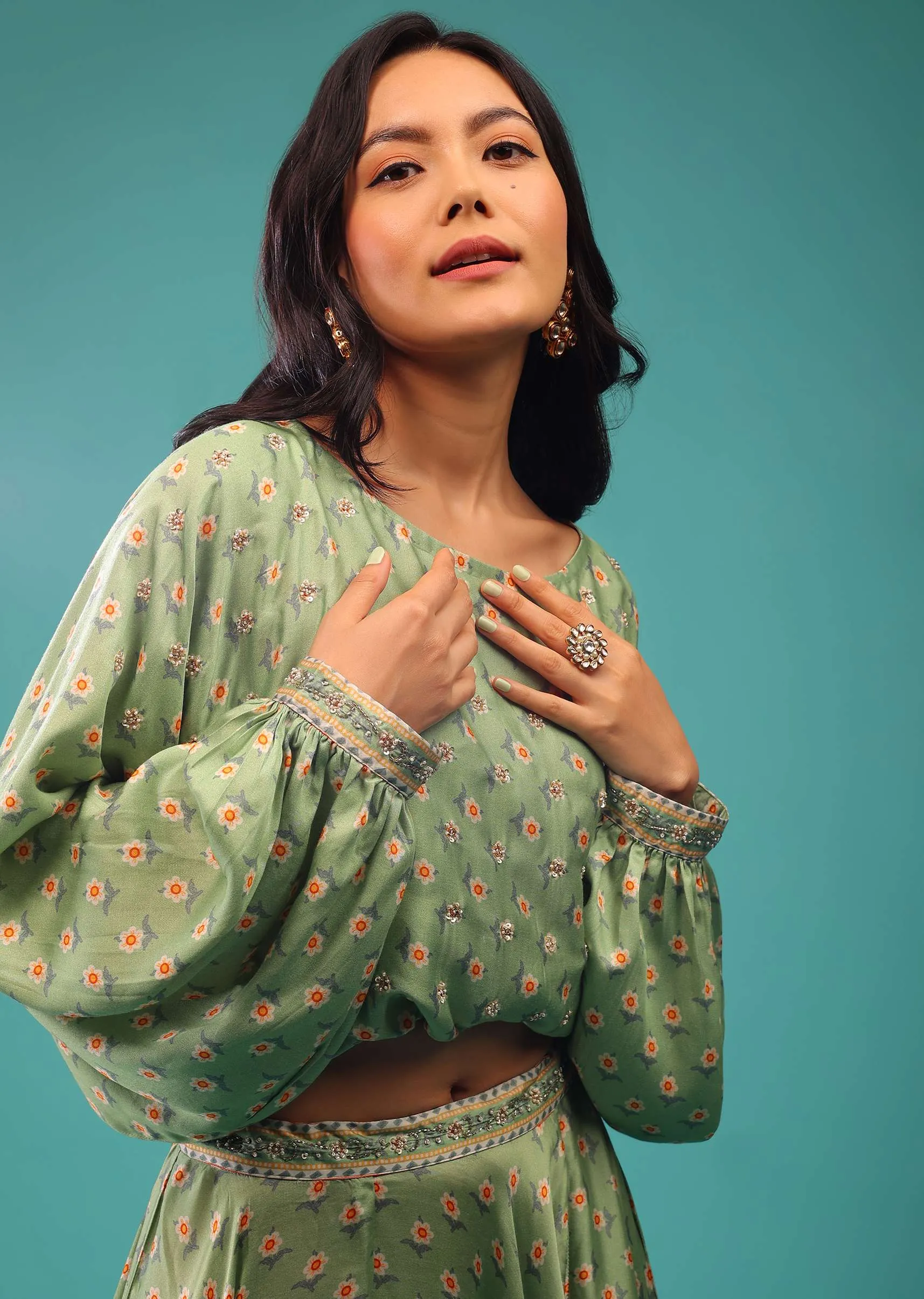 Aspen Green Crop Top With Skirt In Satin Silk