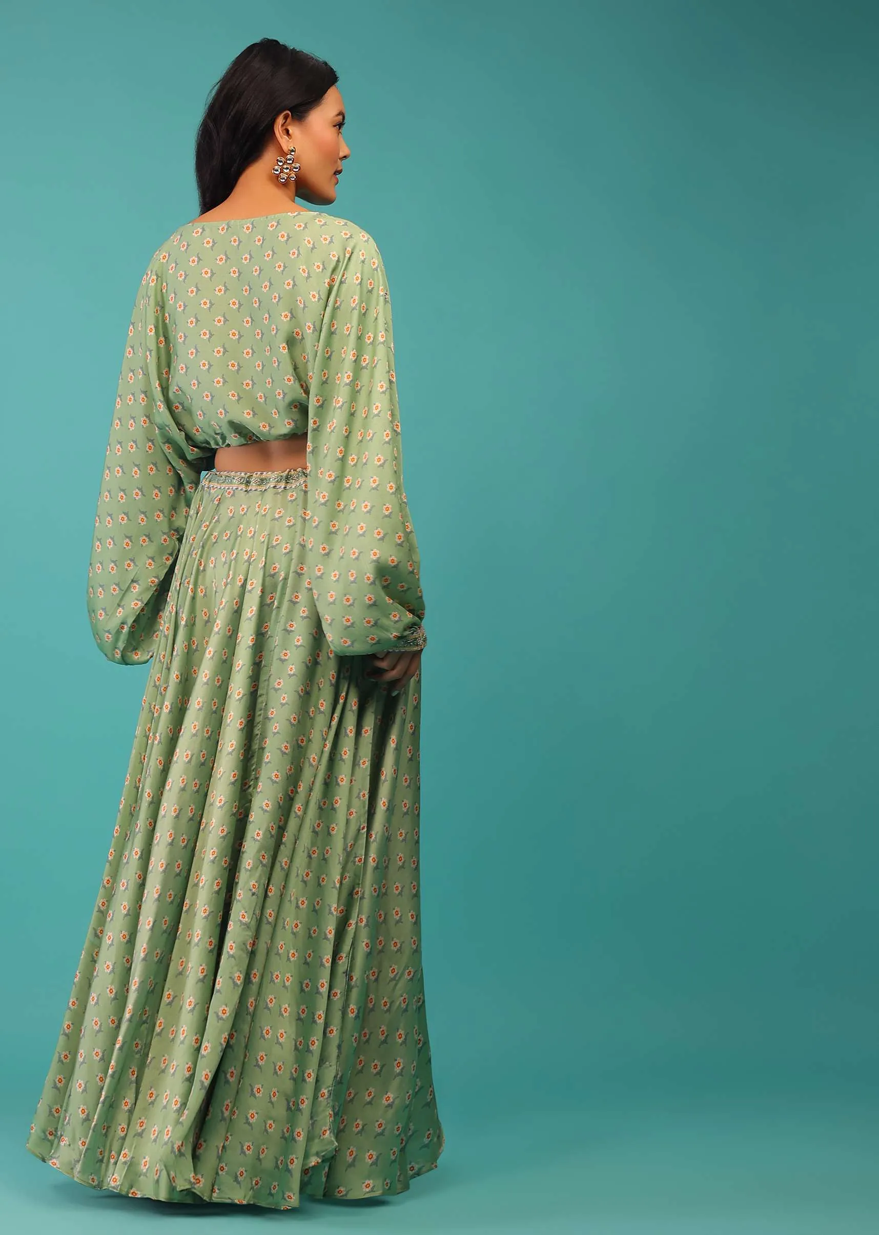 Aspen Green Crop Top With Skirt In Satin Silk