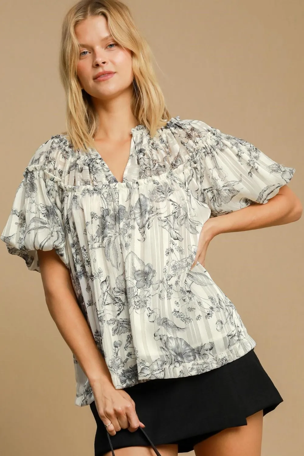 Black and White Floral Metallic Ruffle Blouse