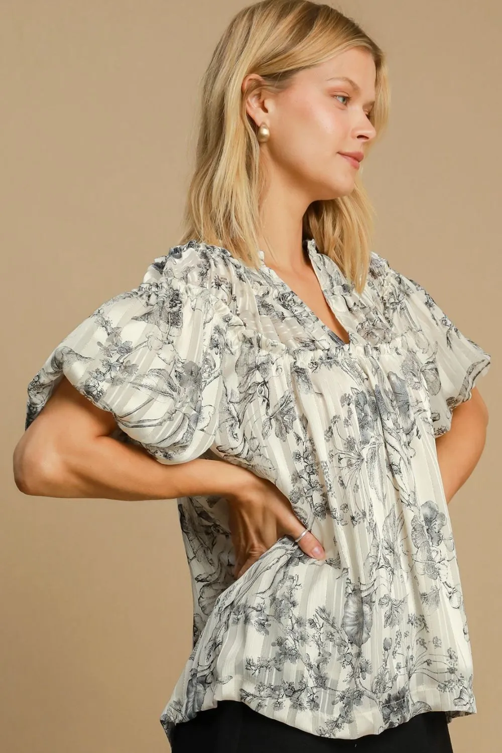 Black and White Floral Metallic Ruffle Blouse