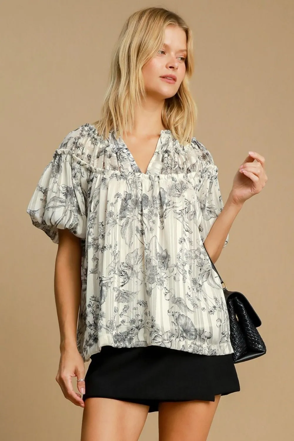 Black and White Floral Metallic Ruffle Blouse