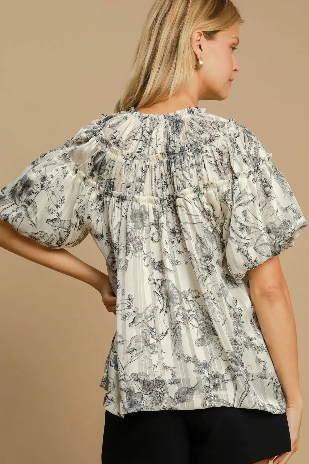 Black and White Floral Metallic Ruffle Blouse