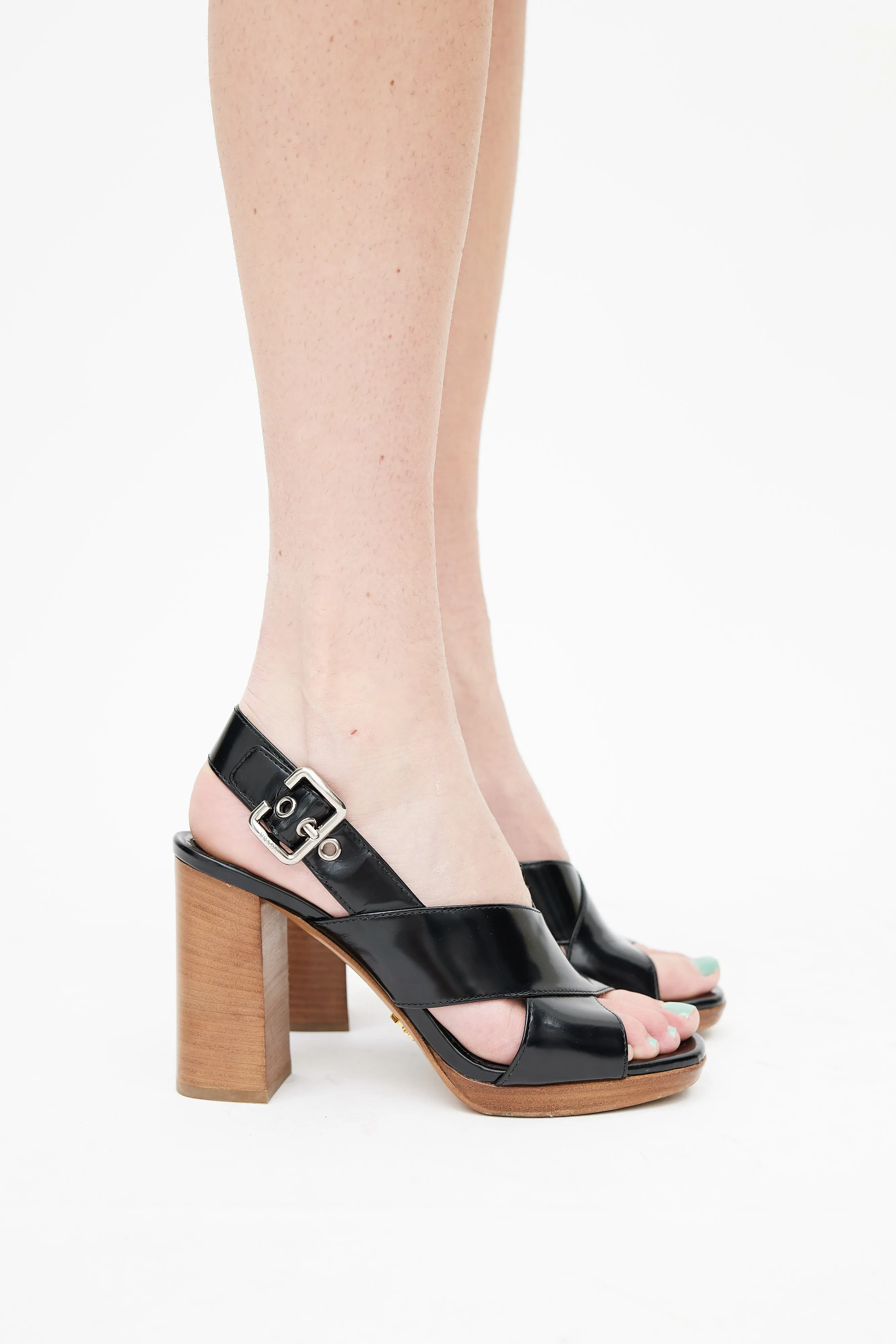 Black Leather & Wood Strappy Heel