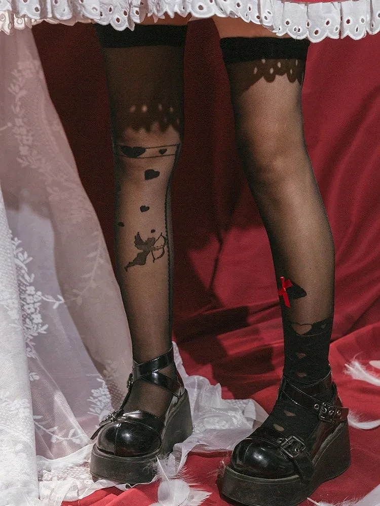 Black/White Bow Cupidand Heart Pattern Over Knee Stockings