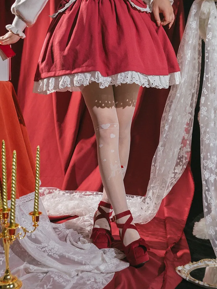 Black/White Bow Cupidand Heart Pattern Over Knee Stockings