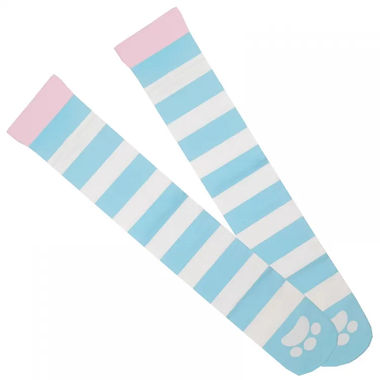 Blue & White Striped Cat Paw Pattern Over Knee Stockings