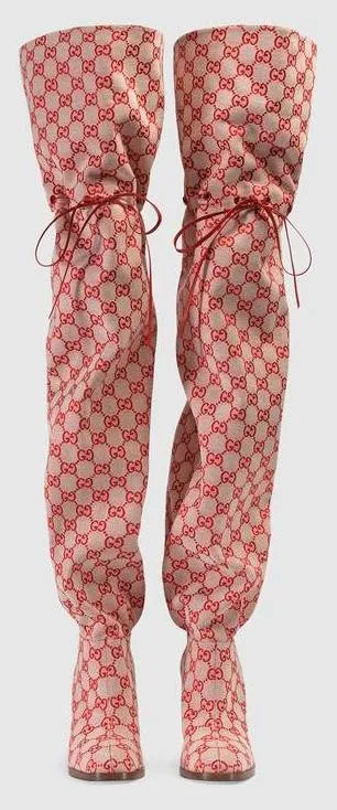 GG Canvas Over-the-Knee Boots, Red/Beige