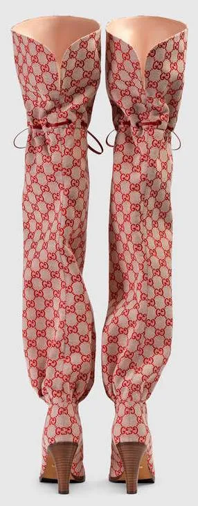 GG Canvas Over-the-Knee Boots, Red/Beige