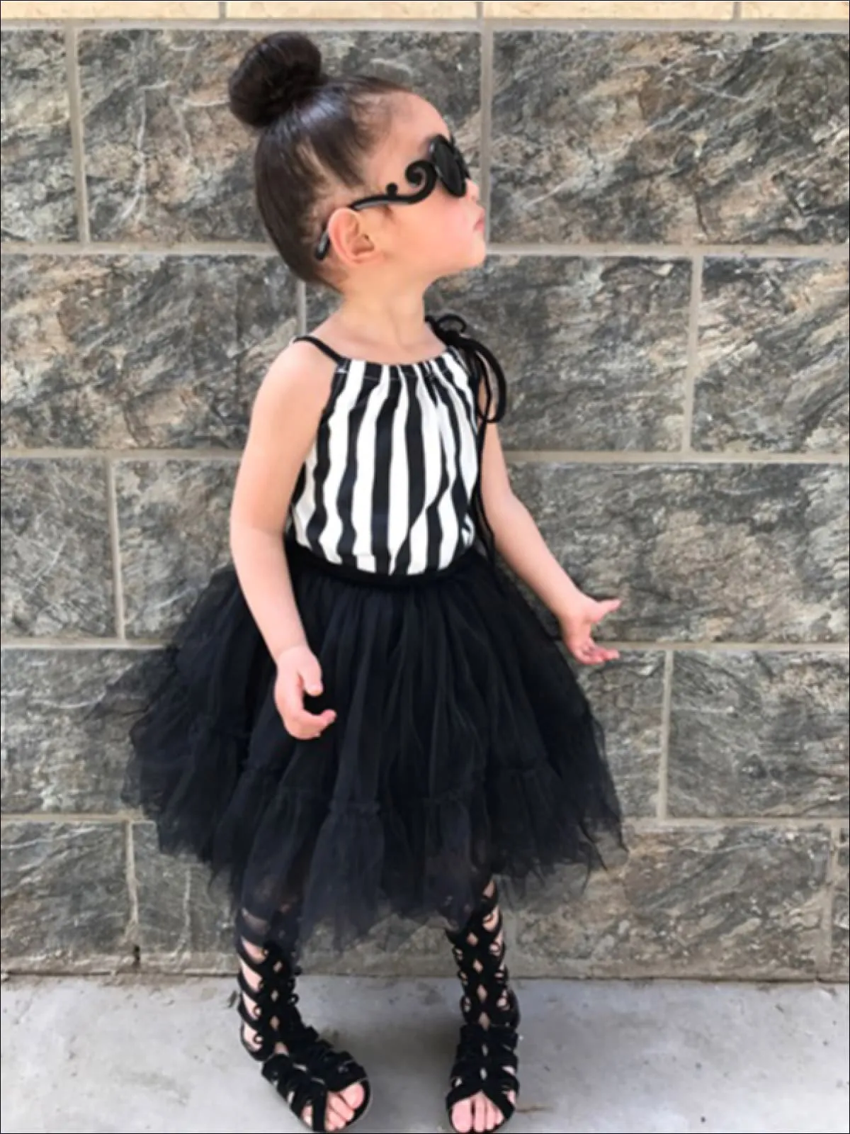 Girls Striped Spaghetti Strap Blouse And Black Tutu Skirt Set
