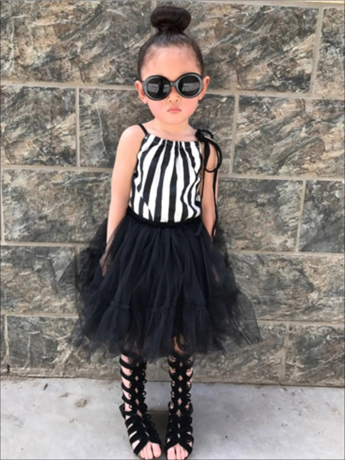 Girls Striped Spaghetti Strap Blouse And Black Tutu Skirt Set