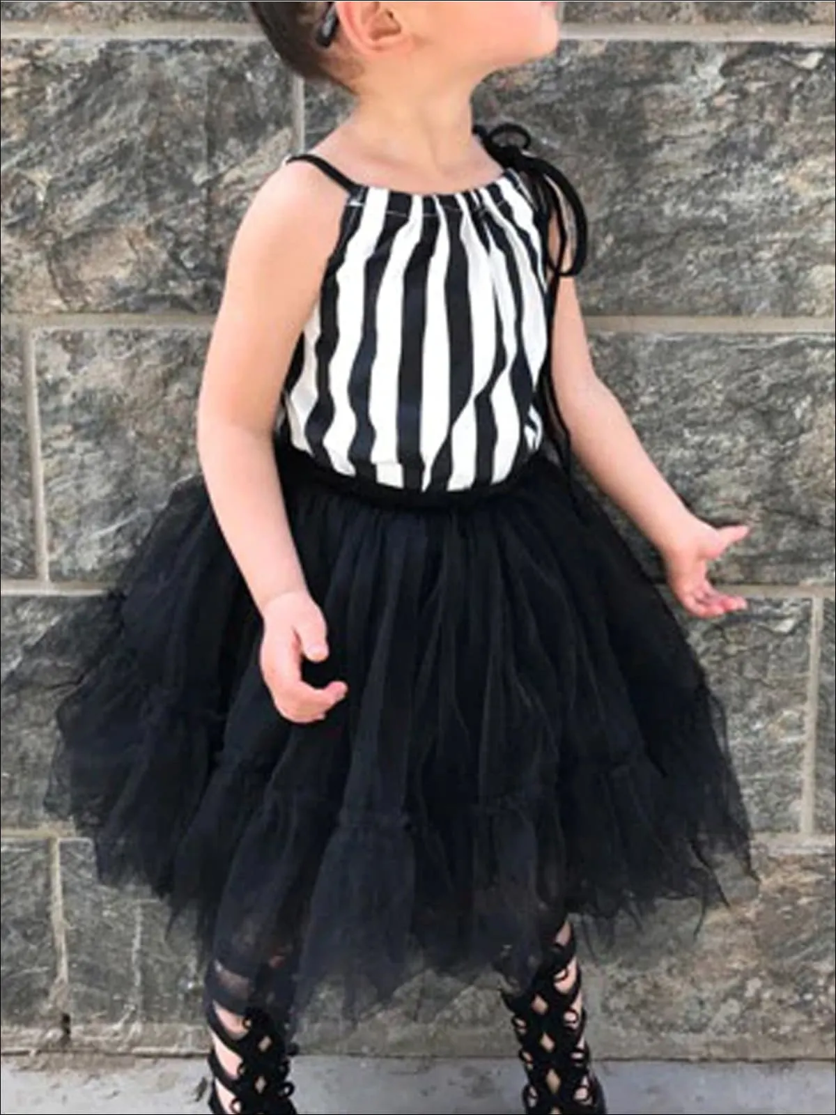 Girls Striped Spaghetti Strap Blouse And Black Tutu Skirt Set
