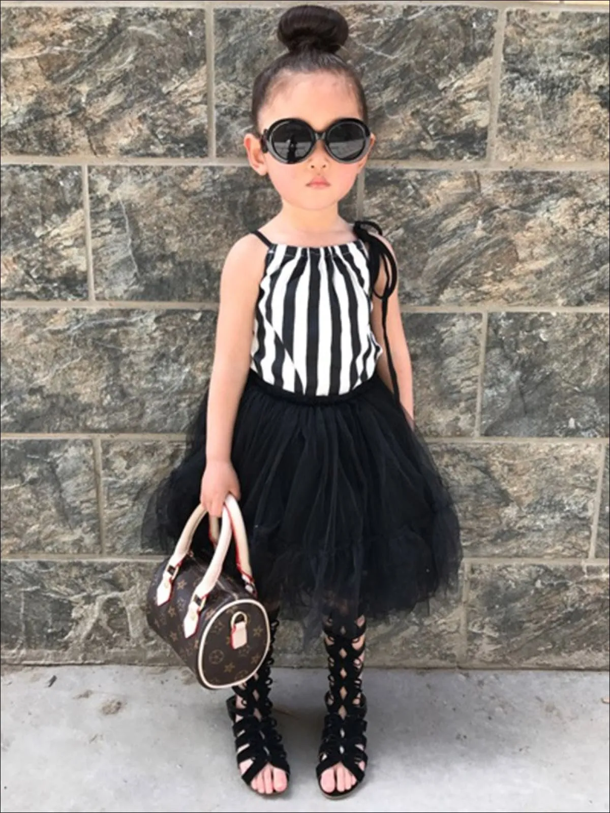 Girls Striped Spaghetti Strap Blouse And Black Tutu Skirt Set