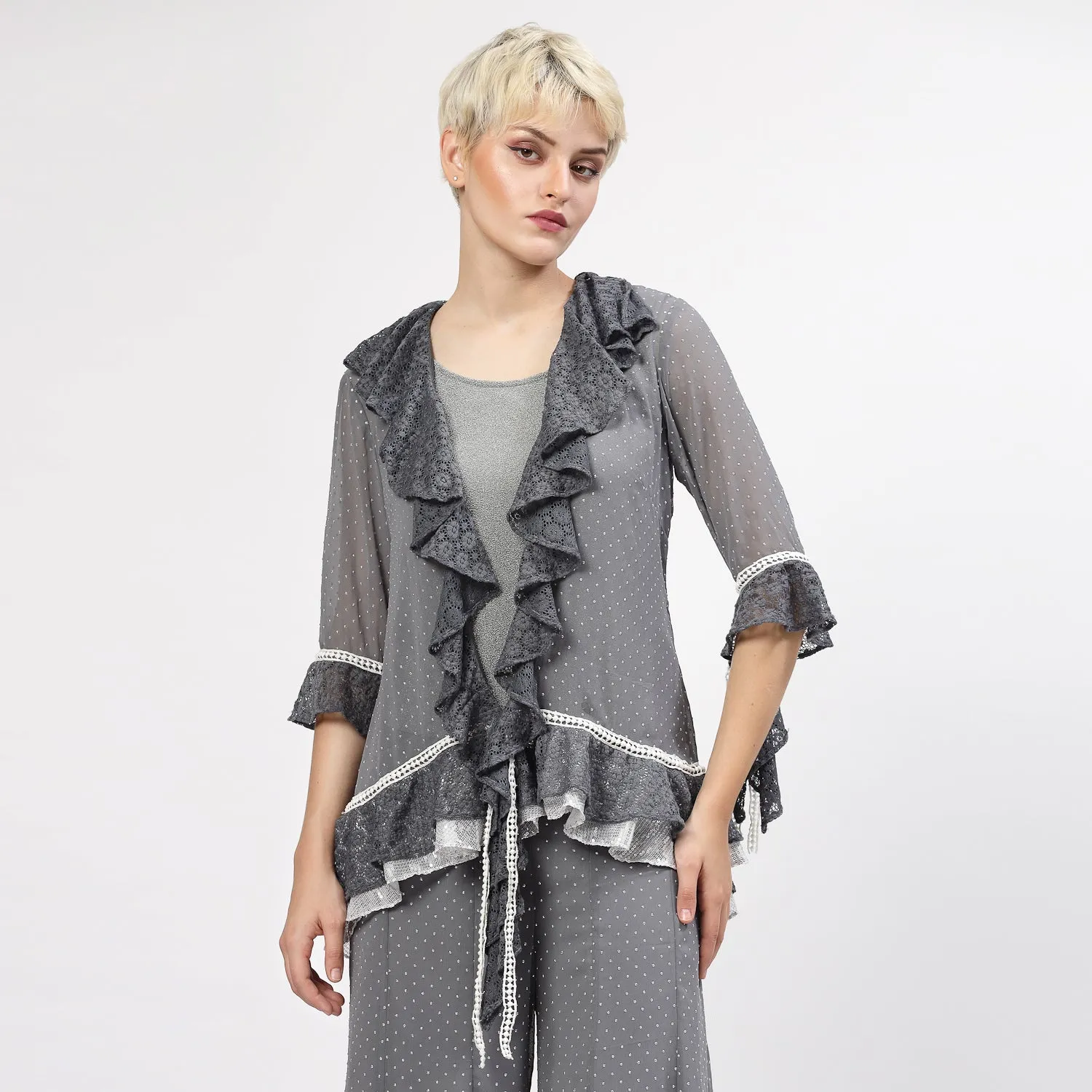 Grey Georgette Frill Shrug With Silver Dots And Inner