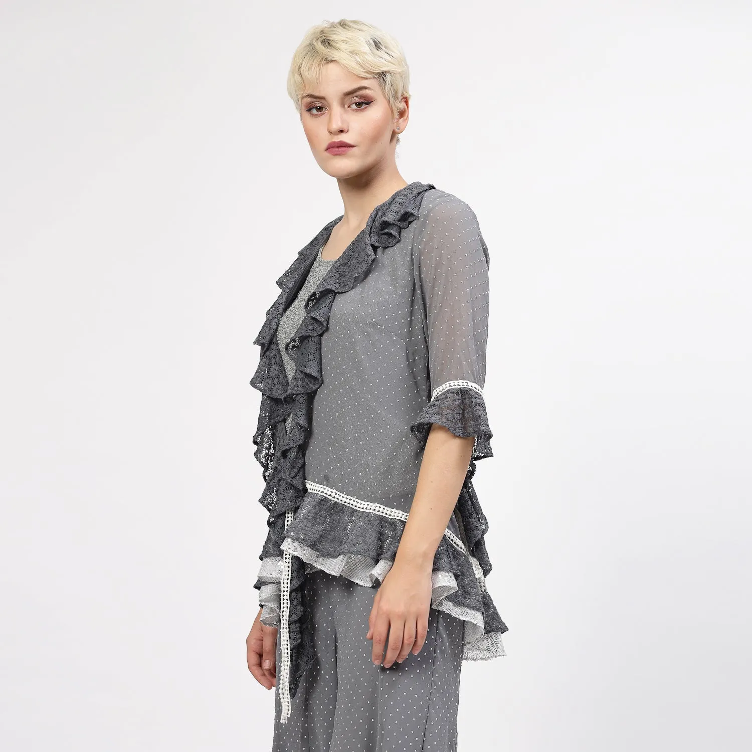 Grey Georgette Frill Shrug With Silver Dots And Inner