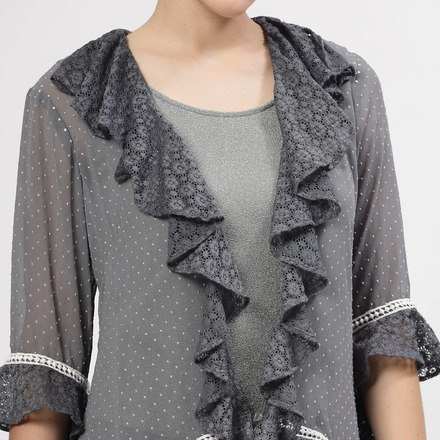 Grey Georgette Frill Shrug With Silver Dots And Inner