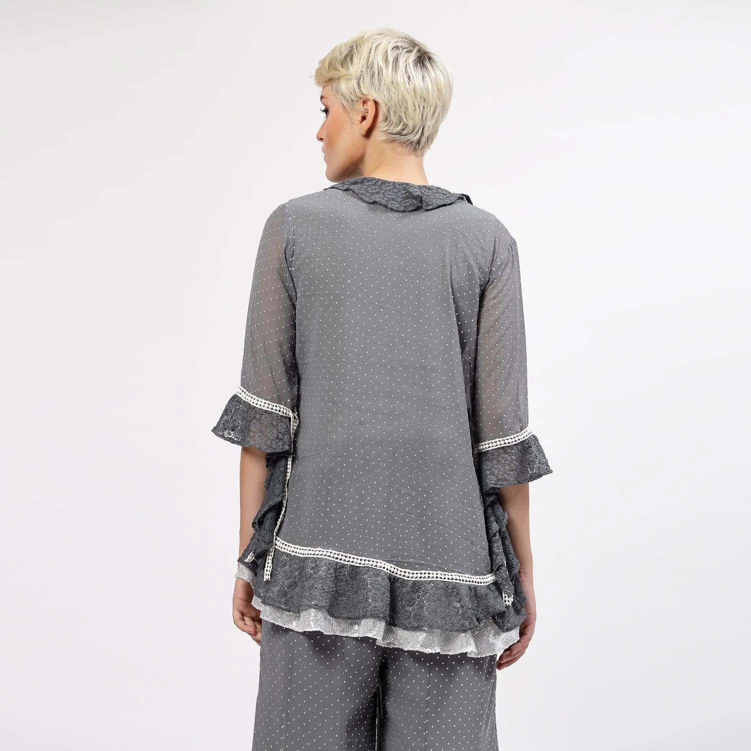 Grey Georgette Frill Shrug With Silver Dots And Inner