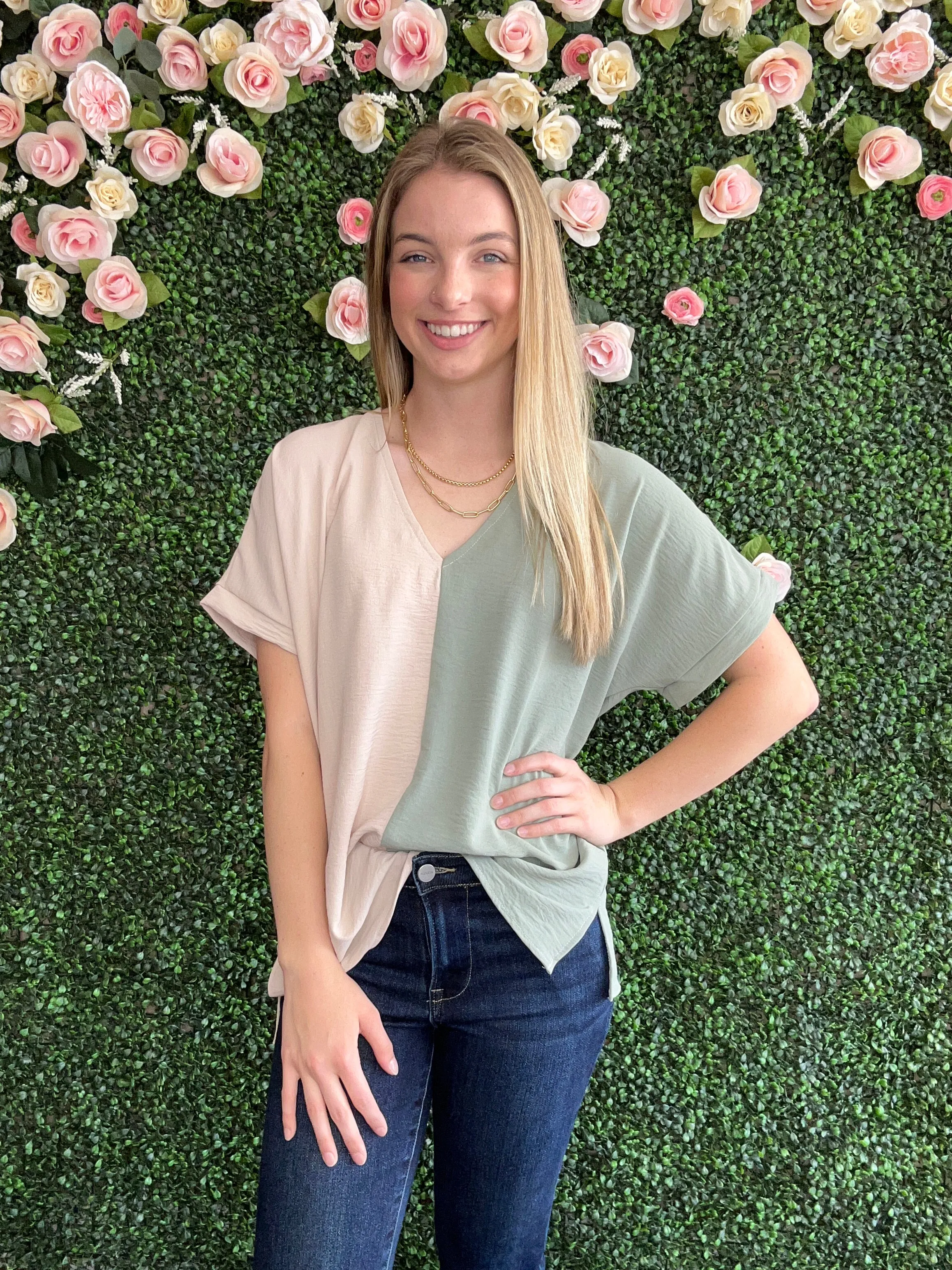 Oatmeal Color Block Blouse