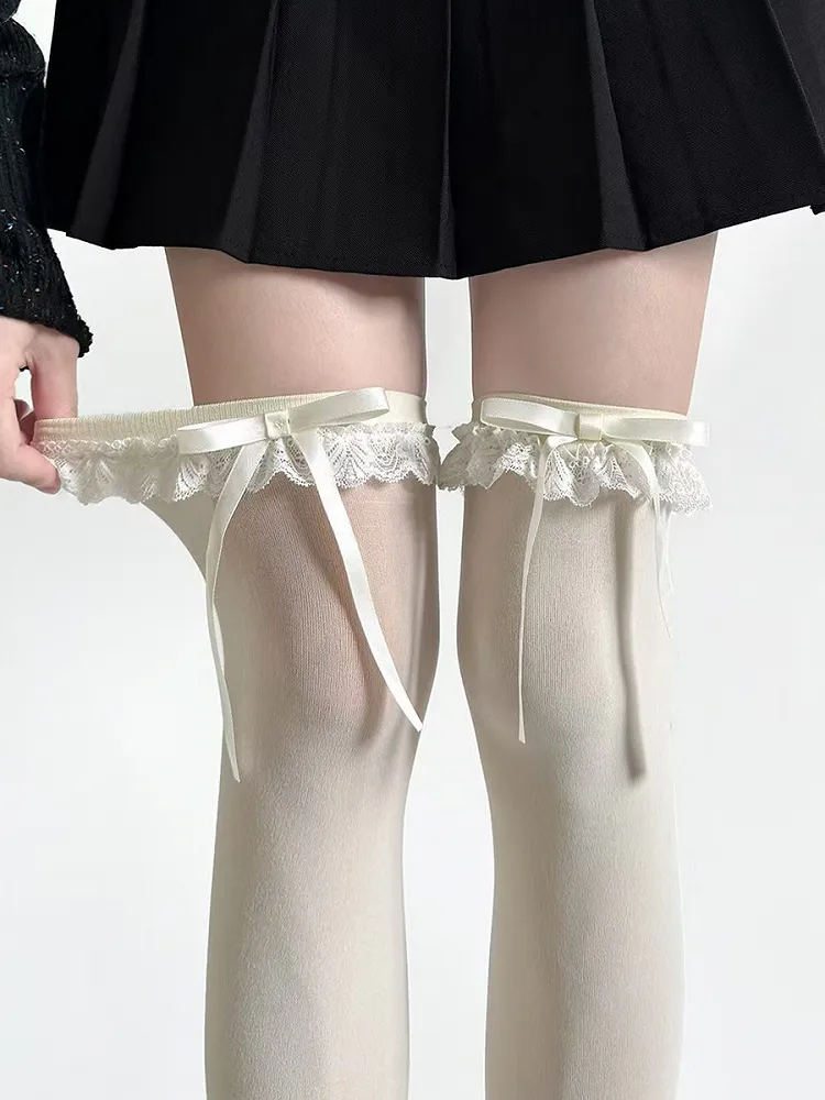 Off-white Sweet Bowknot Lace Trim Overknee Stockings