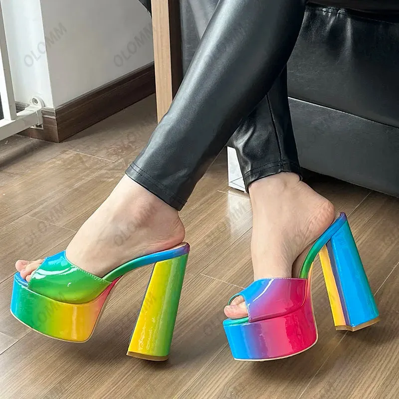 Olomm Handmade Women Shiny Sandals Slip On Hoof Heels Round Toe Rainbow Ladies Party Shoes US Size 35 43 44 45 46 52