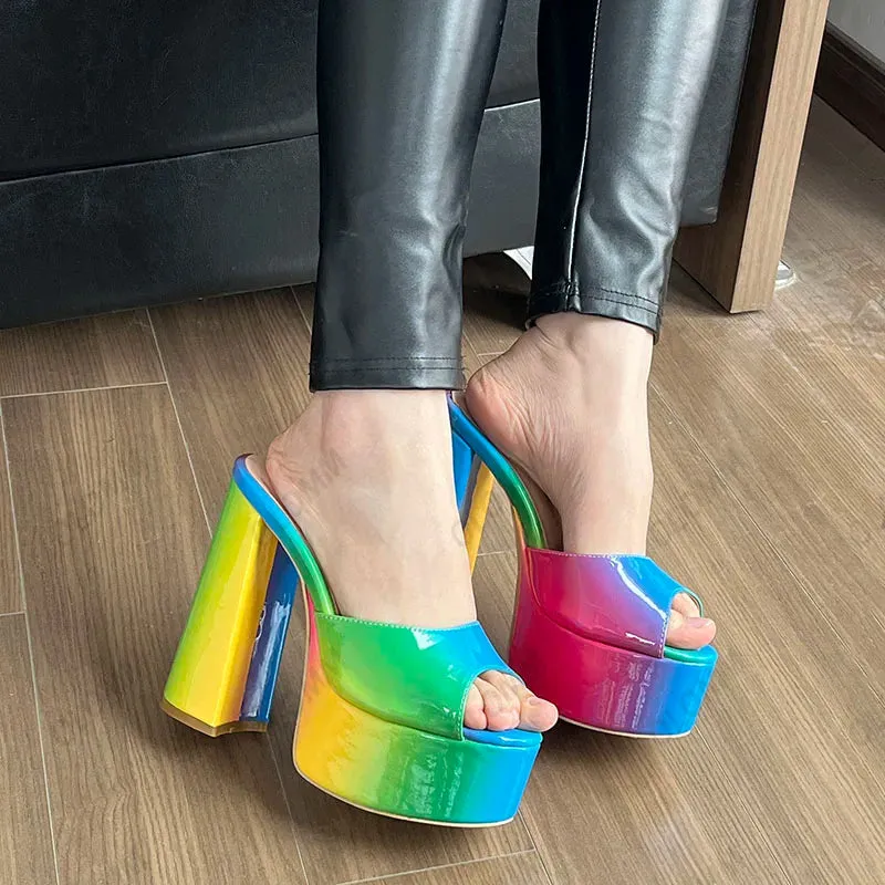 Olomm Handmade Women Shiny Sandals Slip On Hoof Heels Round Toe Rainbow Ladies Party Shoes US Size 35 43 44 45 46 52