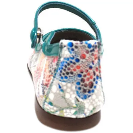 Papanatas by Eli Teal Metallic Floral Print Mary Janes Button Flats