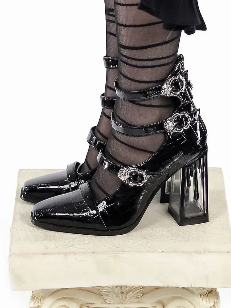 Polished Black Gothic Crocodile Buckle Straps Blood Drip High Block Heels