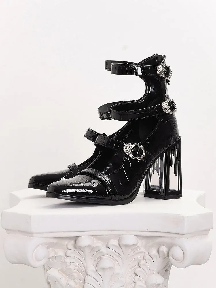 Polished Black Gothic Crocodile Buckle Straps Blood Drip High Block Heels