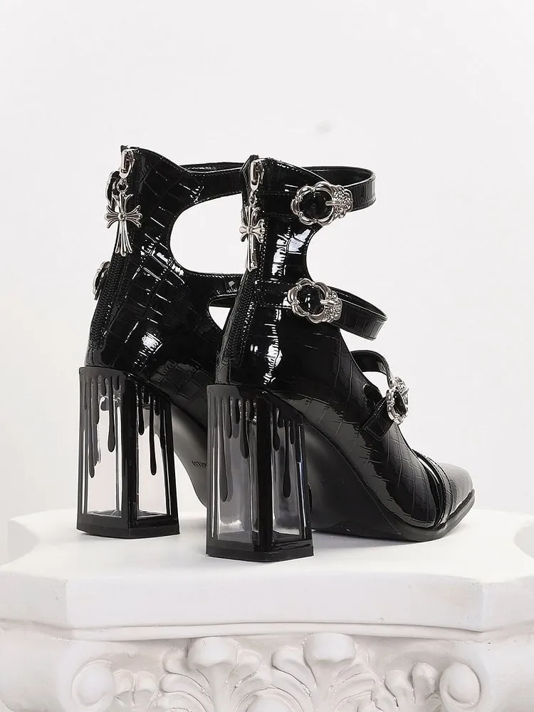 Polished Black Gothic Crocodile Buckle Straps Blood Drip High Block Heels